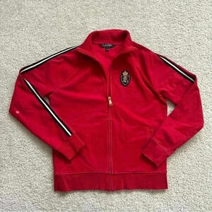 RALPH LAUREN Lauren CROWN CREST Pinstripe Zip Tracksuit Jacket Red Women’s Sz XS